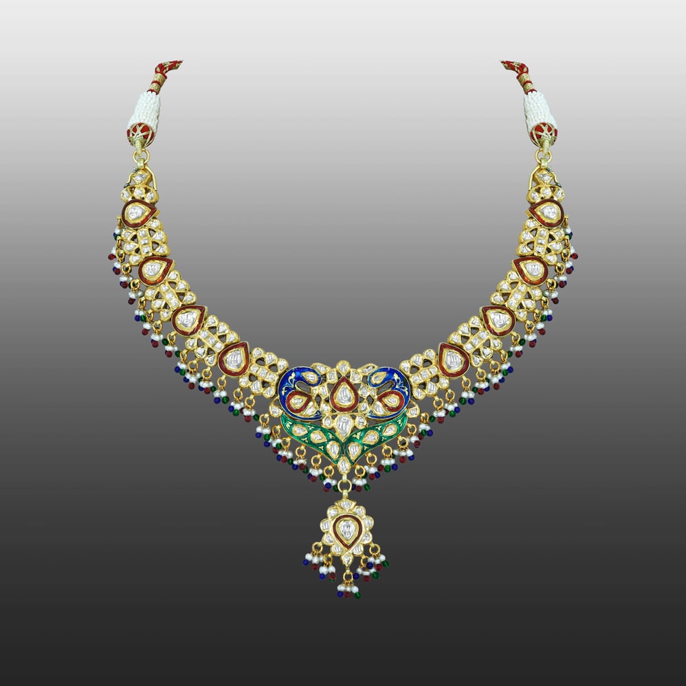 Polki Necklace with Enamel Peacock Motifs and Beads